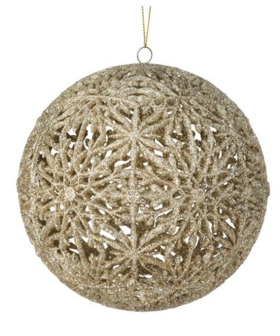 150mm gold glitter snowflake hollow ball ornament with a hanging loop.