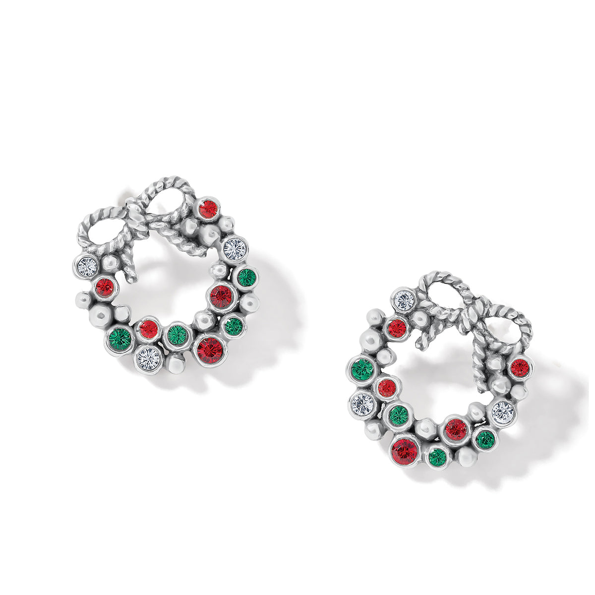 Silver-plated mini post earrings featuring a multi-colored crystal wreath with fine quality crystals.