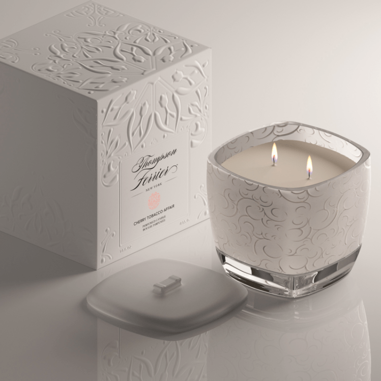 4-inch square Cherry Tobacco Affair candle in a clear glass jar with white wax and cherry tobacco scent.