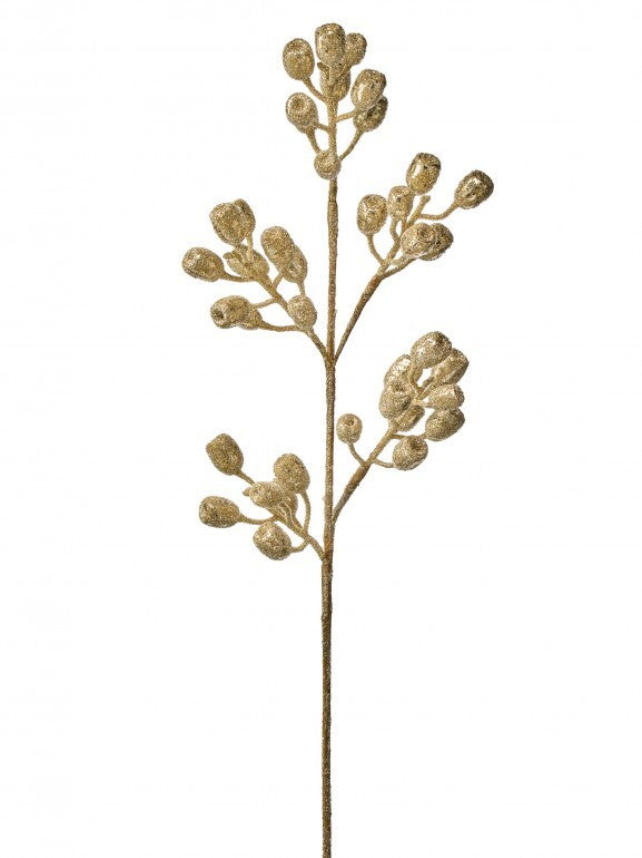 33.5 inch gold beaded glitter rosehip spray with multiple textured berry clusters on a single stem.