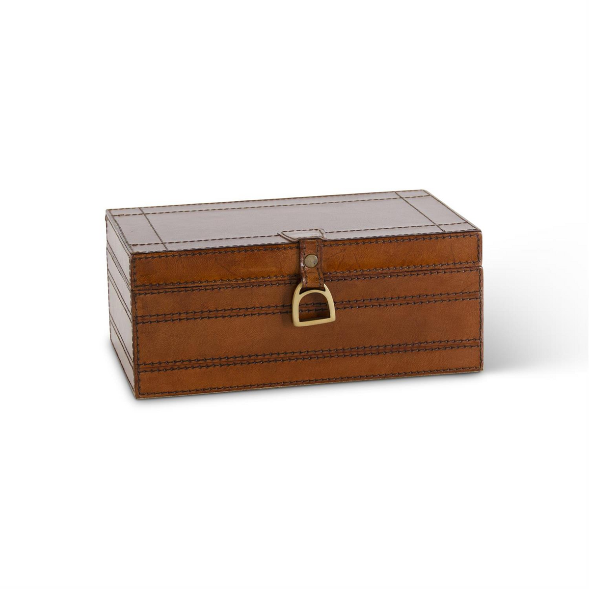 Brown leather box with decorative stitching and a brass stirrup-shaped latch.
