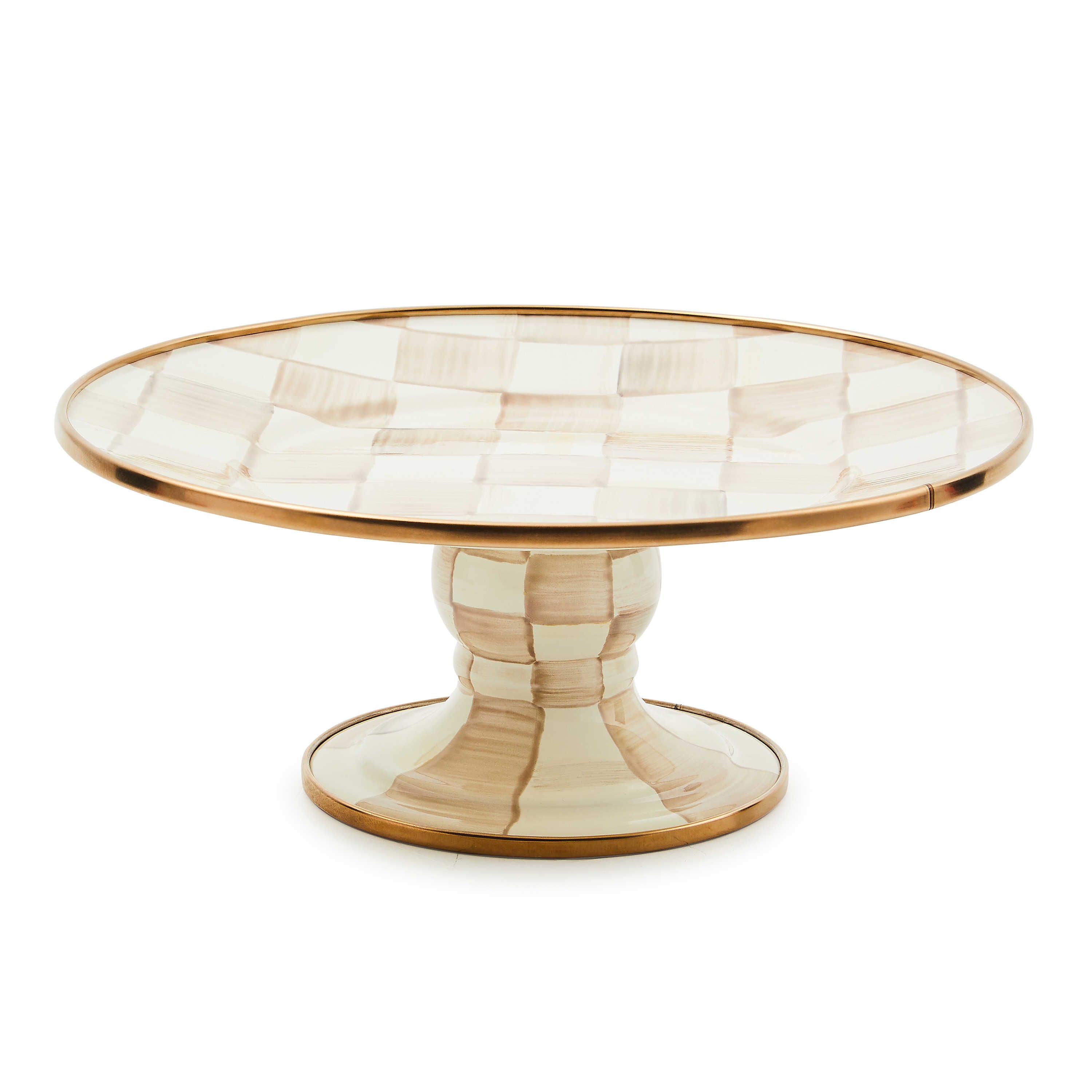 Mocha Check Mini Pedestal Platter with hand-painted checks and bronzed stainless steel rim.