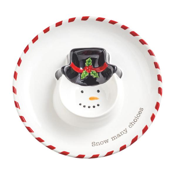 Sectioned Christmas dish with a snowman center well and red striped rim, reads 'Snow many choices'.