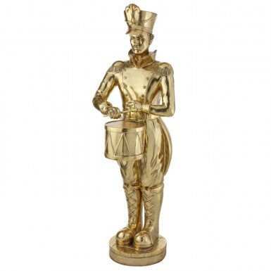 48-inch resin outdoor Royal Court Soldier figurine holding a drum in royal blue and gold with detailed uniform.