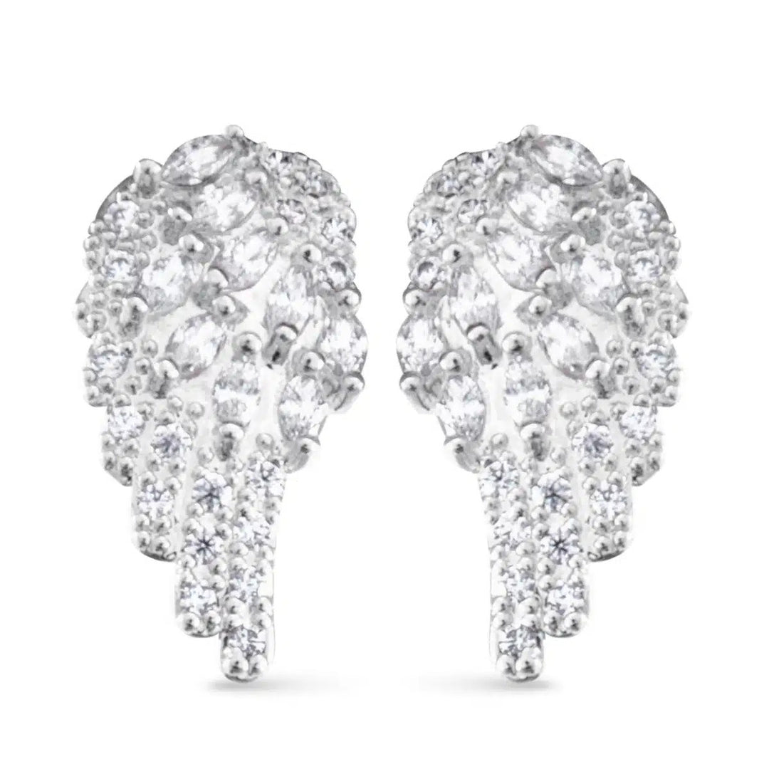 Mini silver angel wing stud earrings featuring a cluster of sparkling white stones.