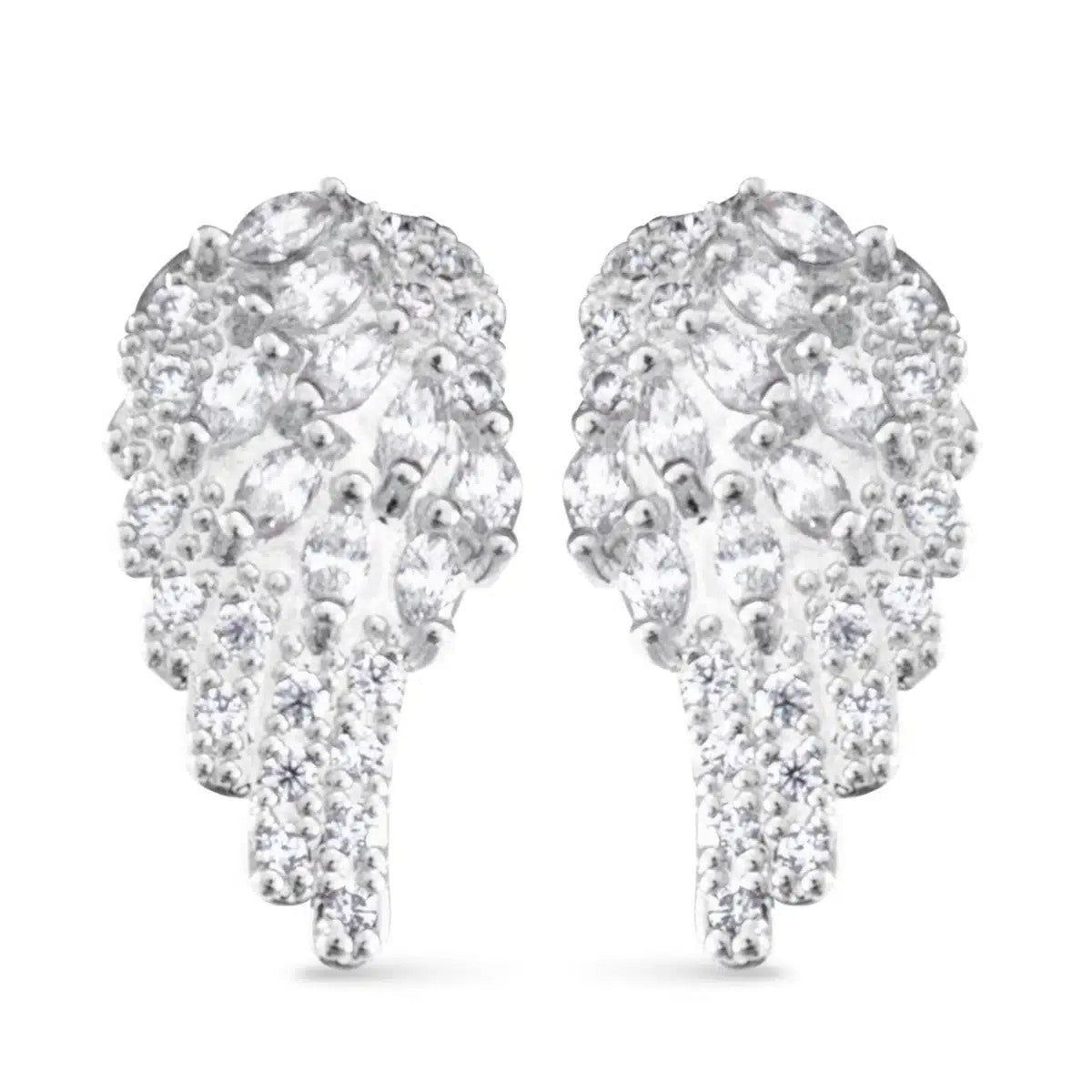 Mini silver angel wing stud earrings featuring a cluster of sparkling white stones.