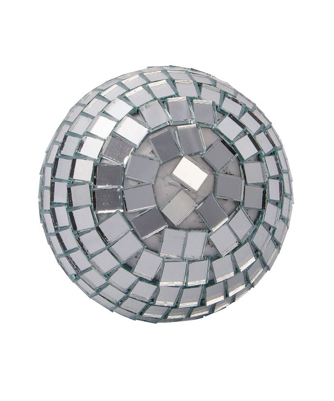 3-inch glass mirrored disco ball ornament with square reflective tiles and silver string.
