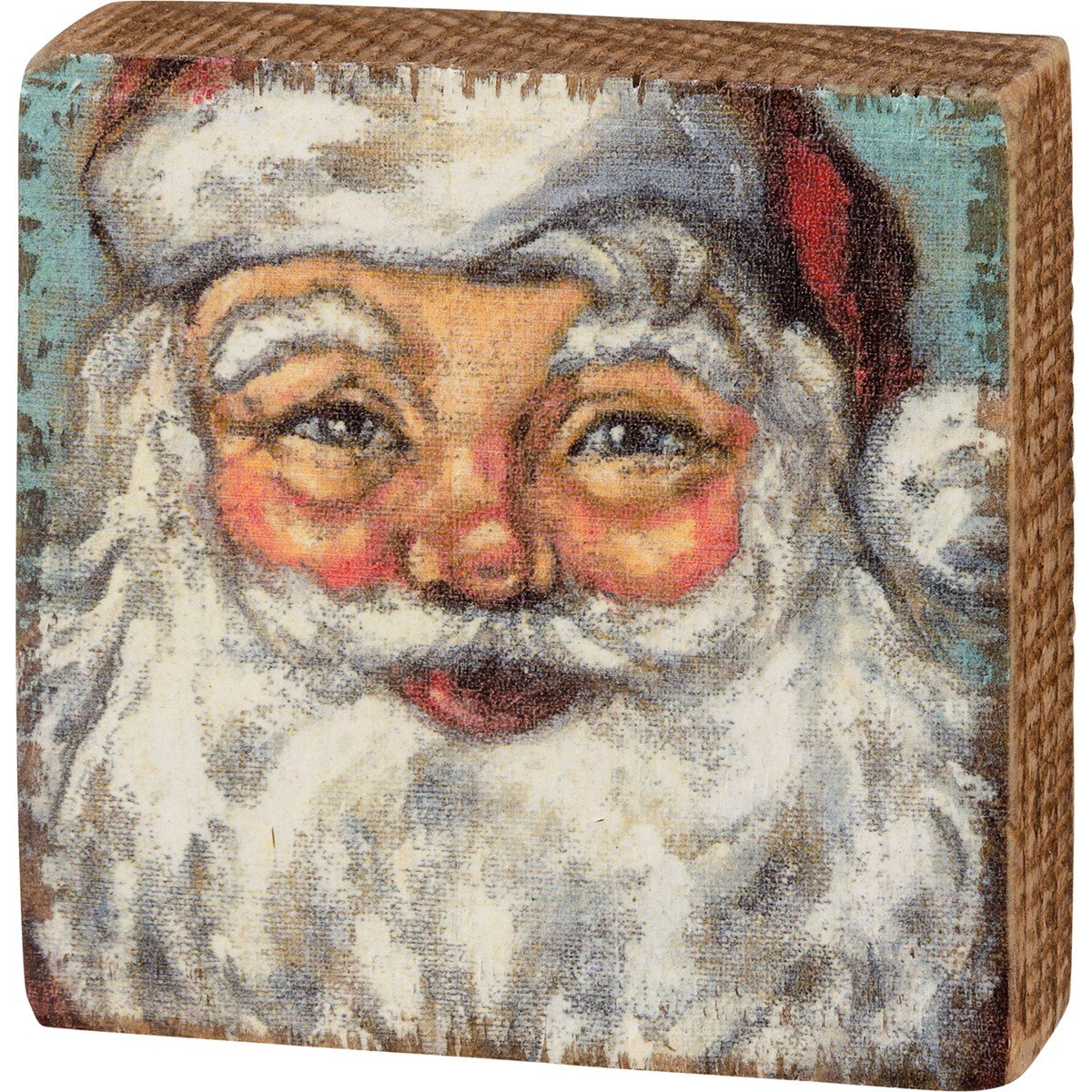 Vintage-style Santa Claus face printed on a 3x3 square wooden block sign.