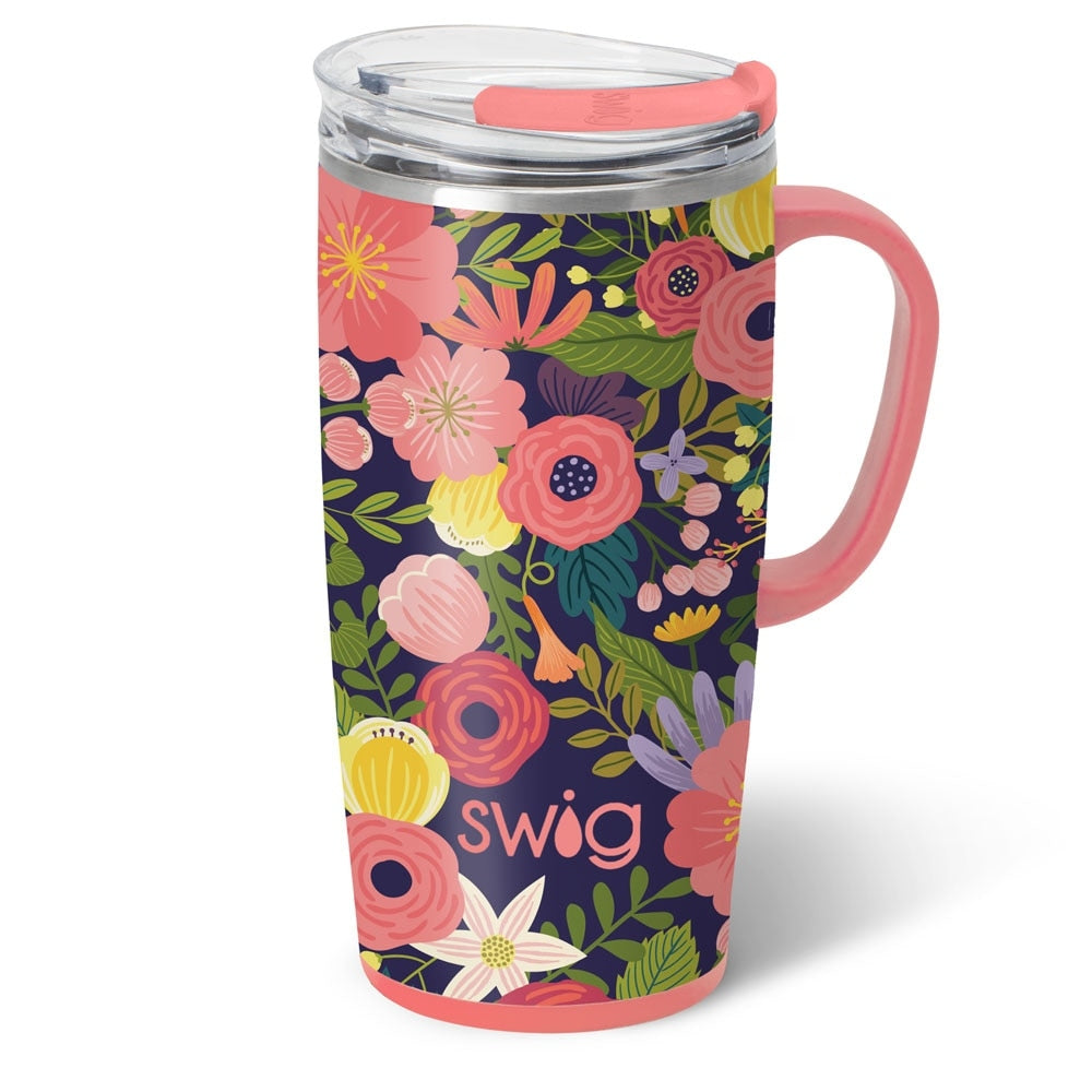 Silver stainless steel travel mug with a black silicone base and removable lid slider.