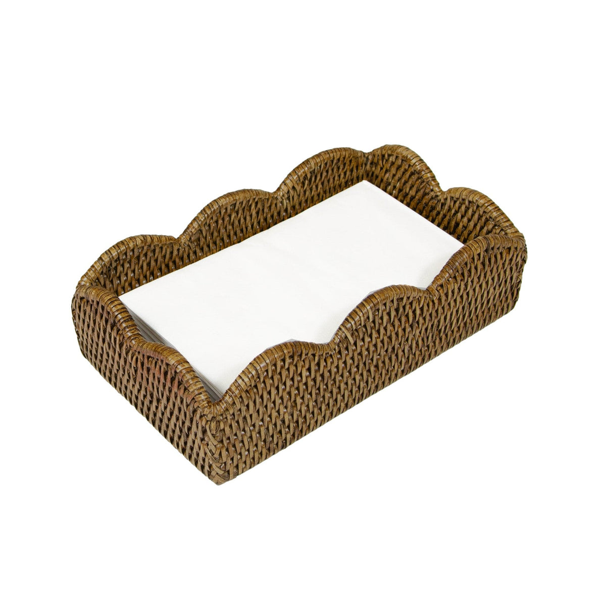 Natural rattan scalloped napkin holder with doubleweave construction in a neutral tone.