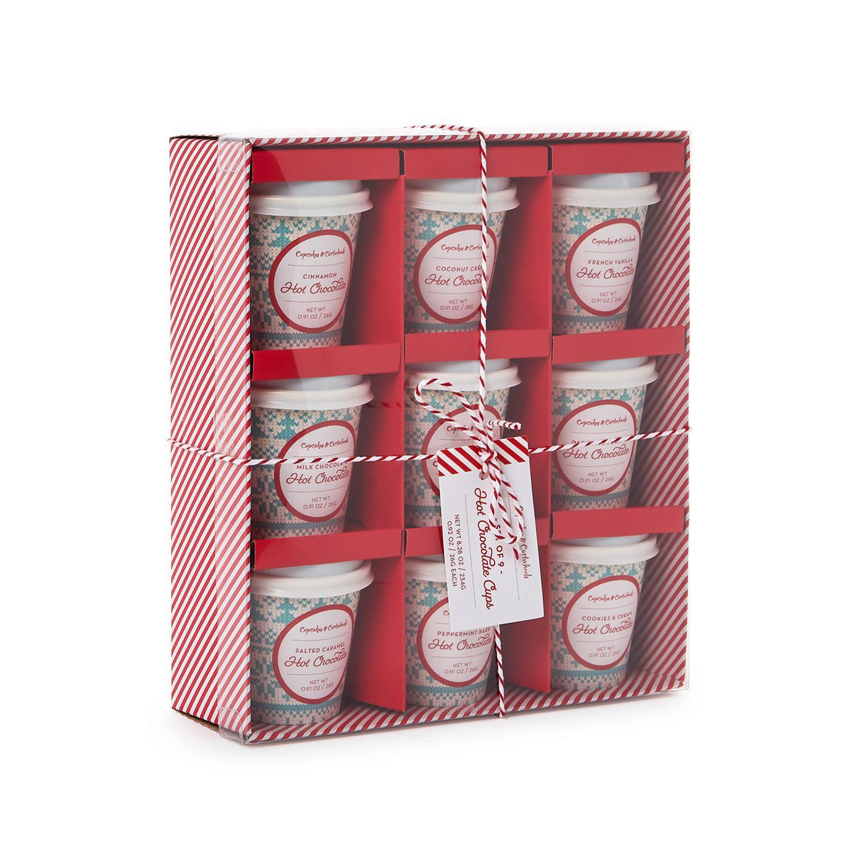 Holiday gift box containing nine individual hot chocolate cups in various flavors.