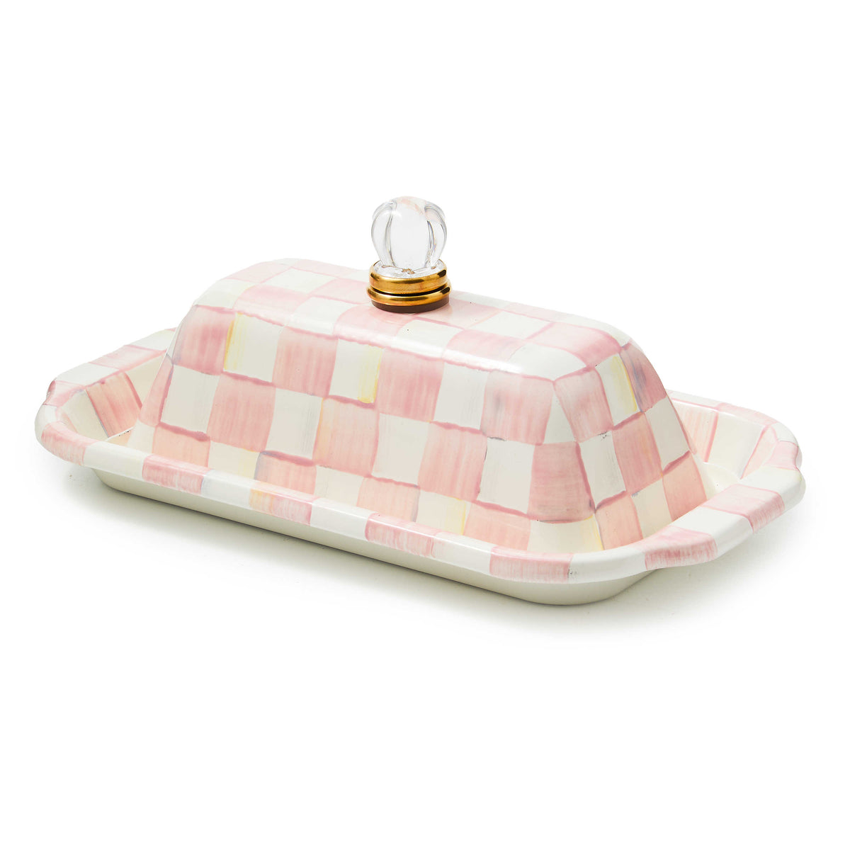 Rosy Check Butter Box with hand-painted pink and white checks, glass knob, and brass accents.