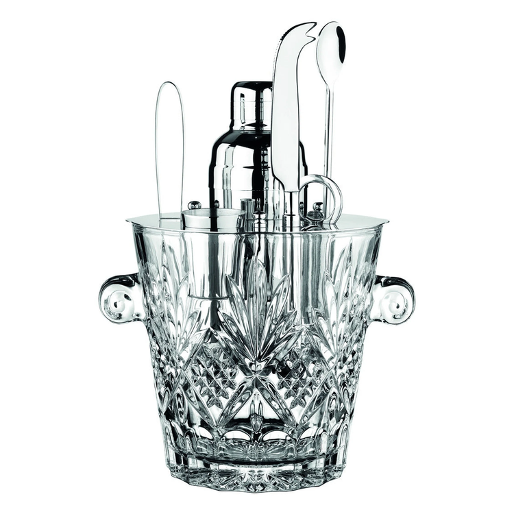 Dublin crystal ice bucket with silver-toned bar tools including a shaker, tongs, and bar knife.