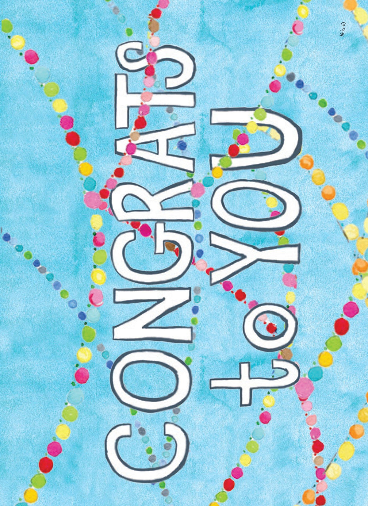 Blue greeting card with colorful dot garlands and white text reading CONGRATS TO YOU.