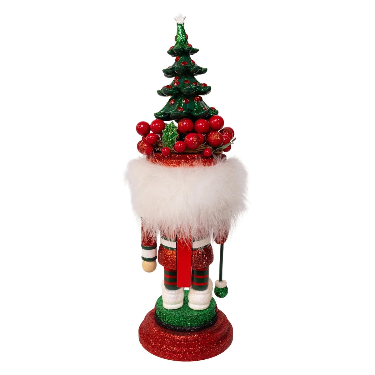18-inch Hollywood Nutcracker featuring a glittery pine tree hat with red berries and white fur trim.
