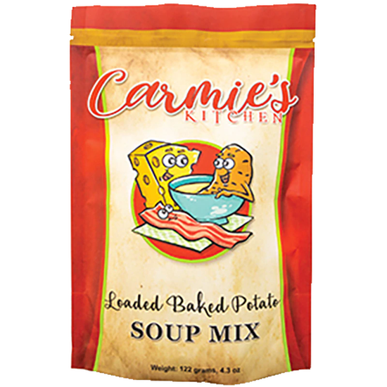 Carmie's Kitchen Loaded Baked Potato Soup Mix in a 4.3 oz red and tan stand-up pouch.