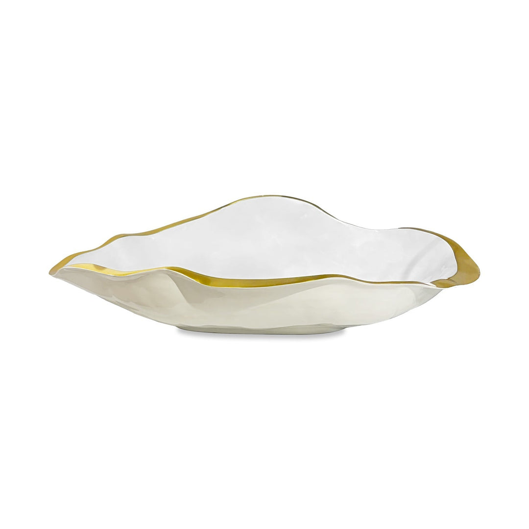 Encanto Claire large cream and white bowl with an organic wavy shape and gold-toned rim.