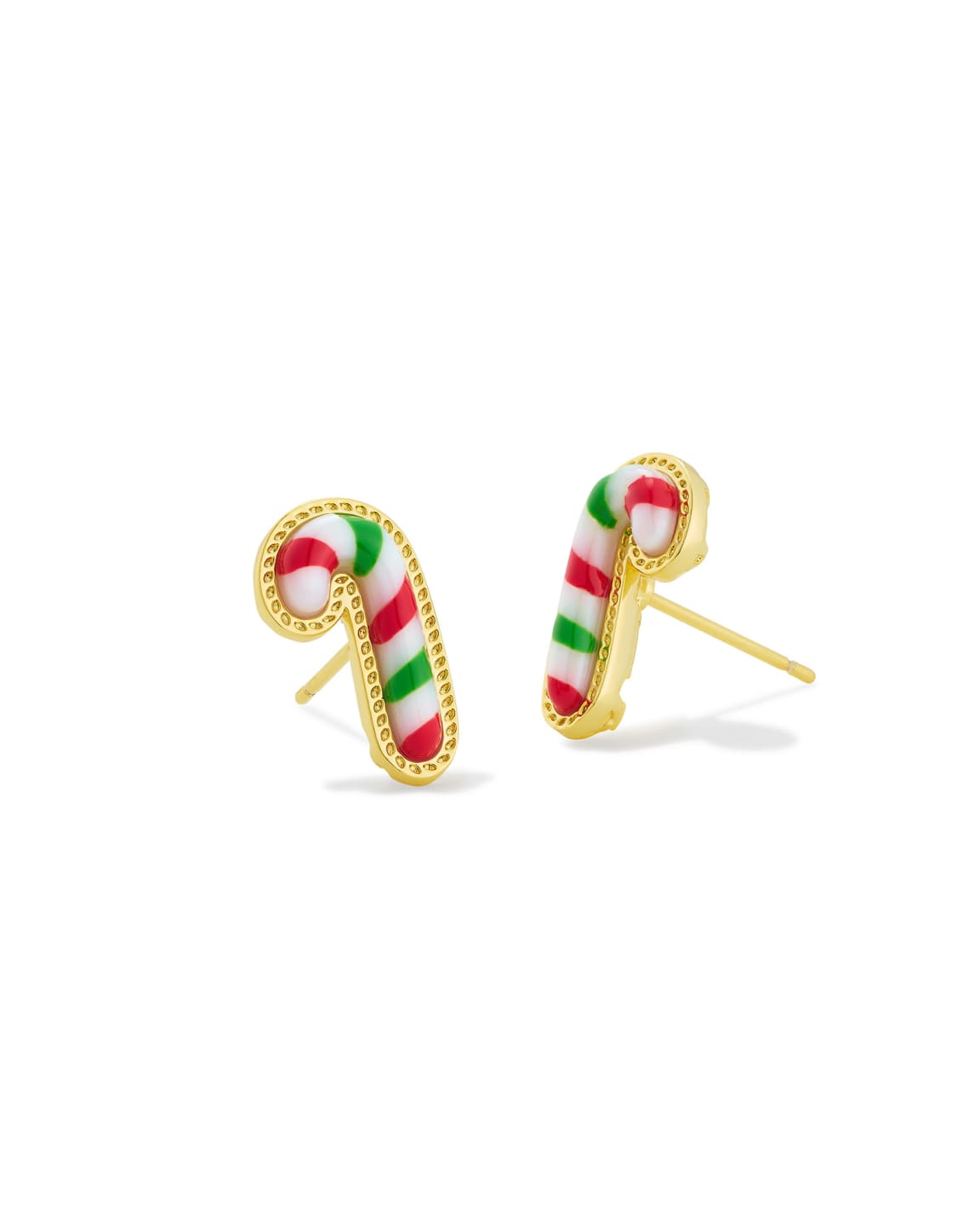 Candy cane stud earrings in 14k yellow gold over brass with red, green, and white enamel stripes.