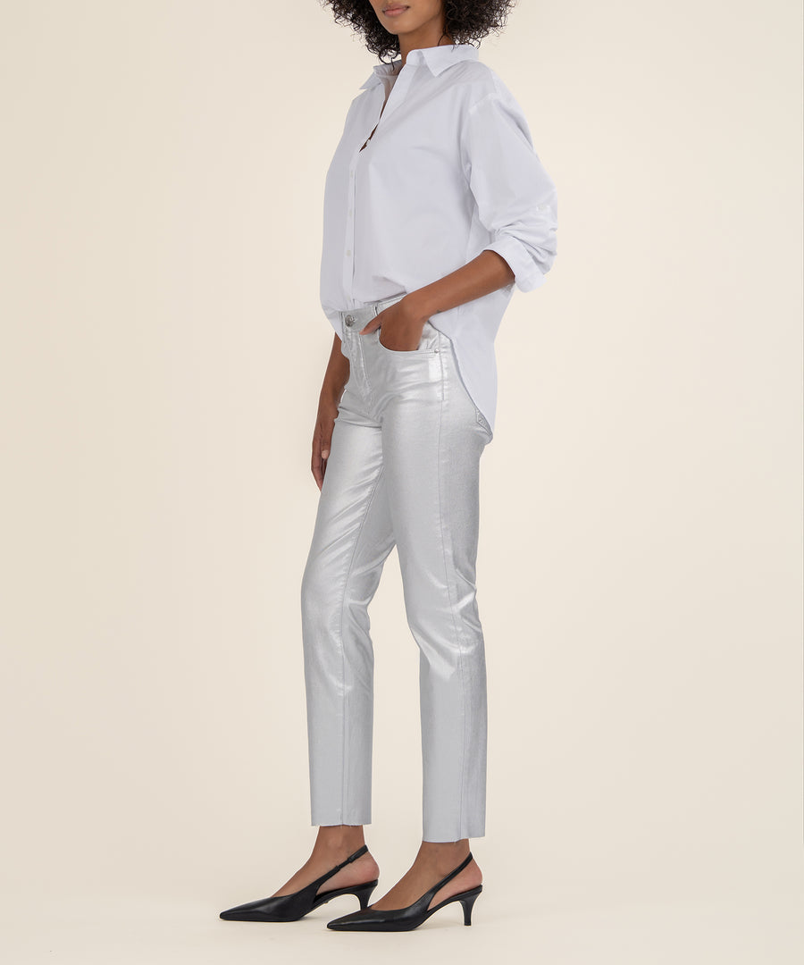 Charlize metallic coated high rise cigarette leg jeans in dark wash with five-pocket styling