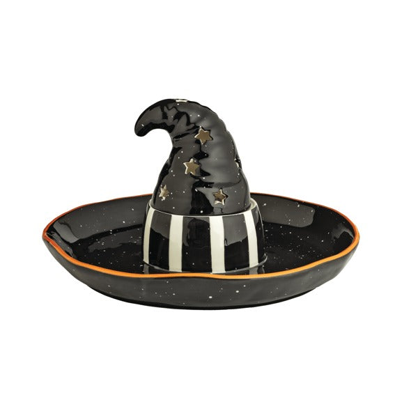 Black ceramic chip and dip set featuring a light-up witch hat center with star cutouts.