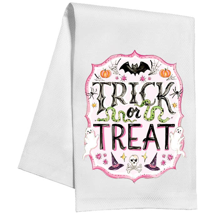 Black cotton kitchen towel with white text reading Remember as Far as Anyone Knows We Are a Nice & Normal Family