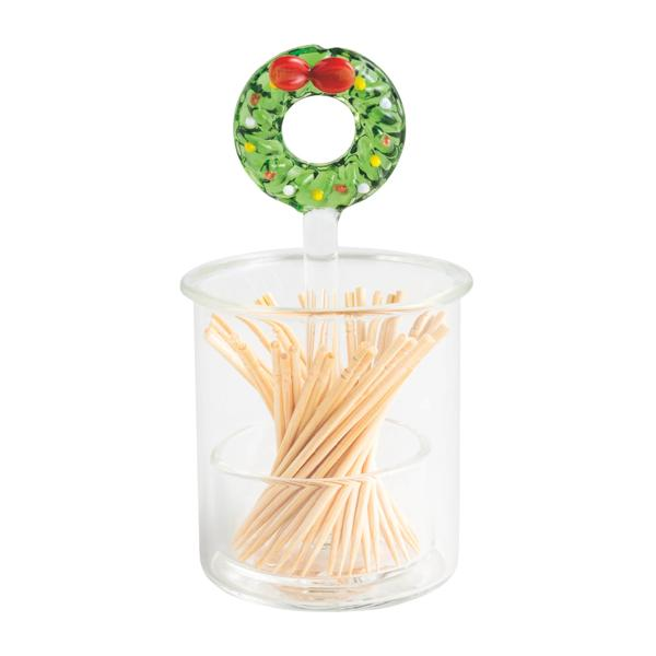 Glass toothpick caddy set featuring a clear holder with a green glass wreath icon and toothpicks.