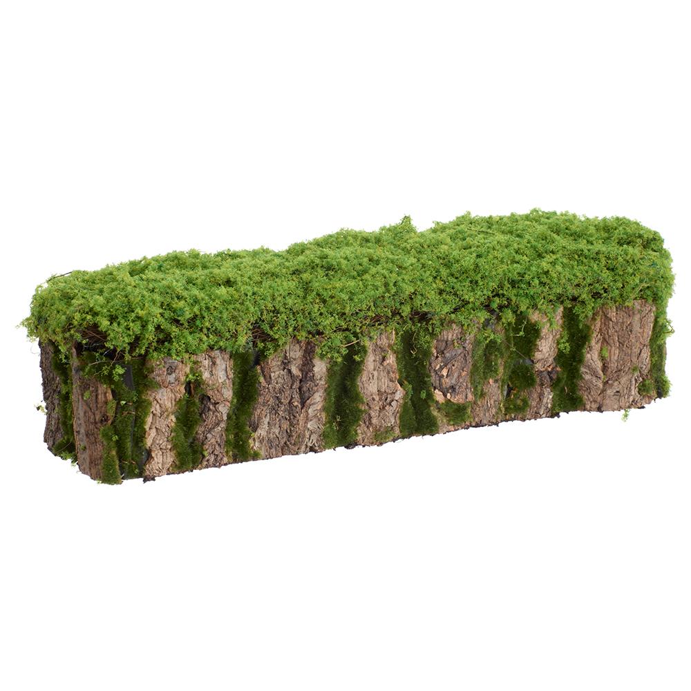 Five-inch by twenty-one-inch green moss stump planter made of plastic with wire and glue components.
