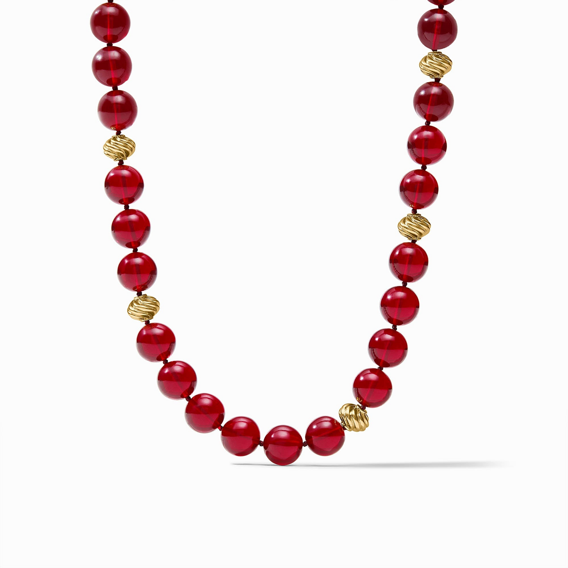 Ravello 5-in-1 Necklace featuring translucent red resin beads and 24K gold plated twisted accents.