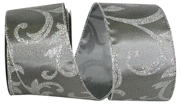 2.5-inch silver filigree leaves glitter taffeta wired edge ribbon on a roll.