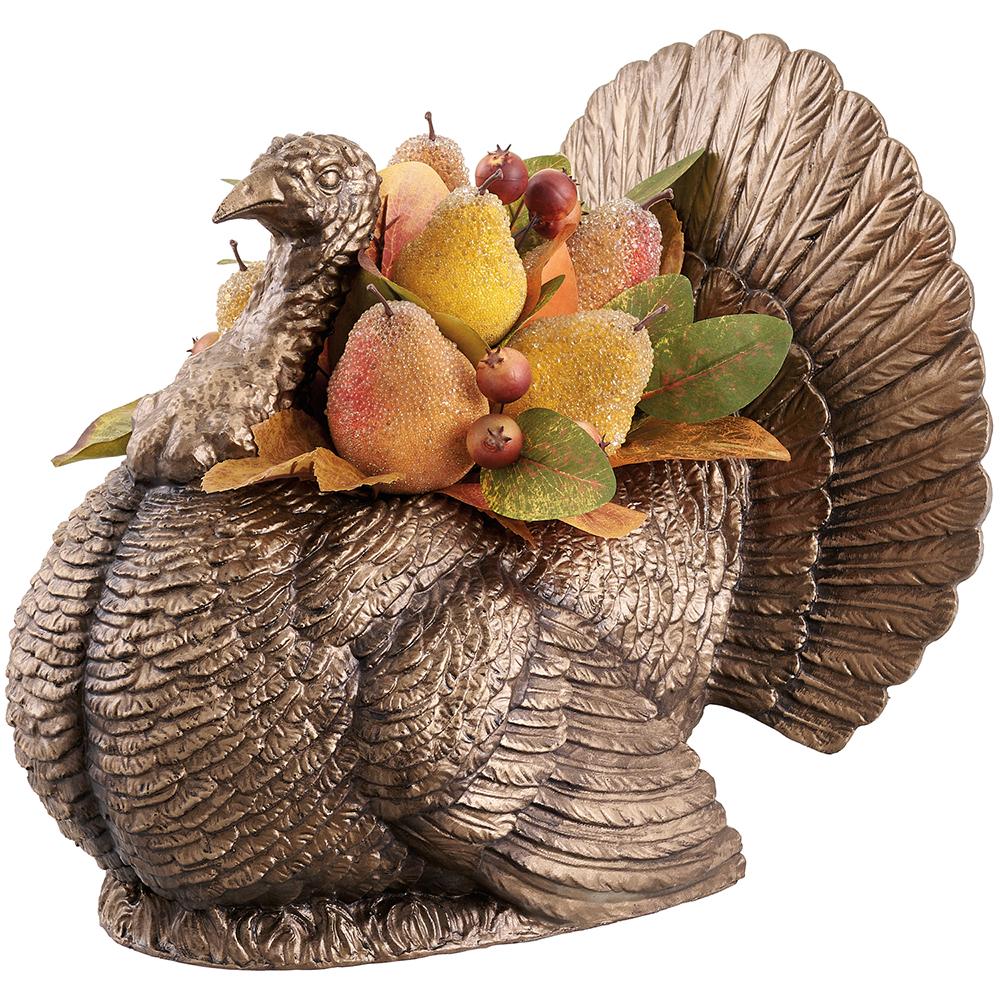 15-inch bronze resin turkey figurine with beaded yellow and orange pears, berries, and leaves.