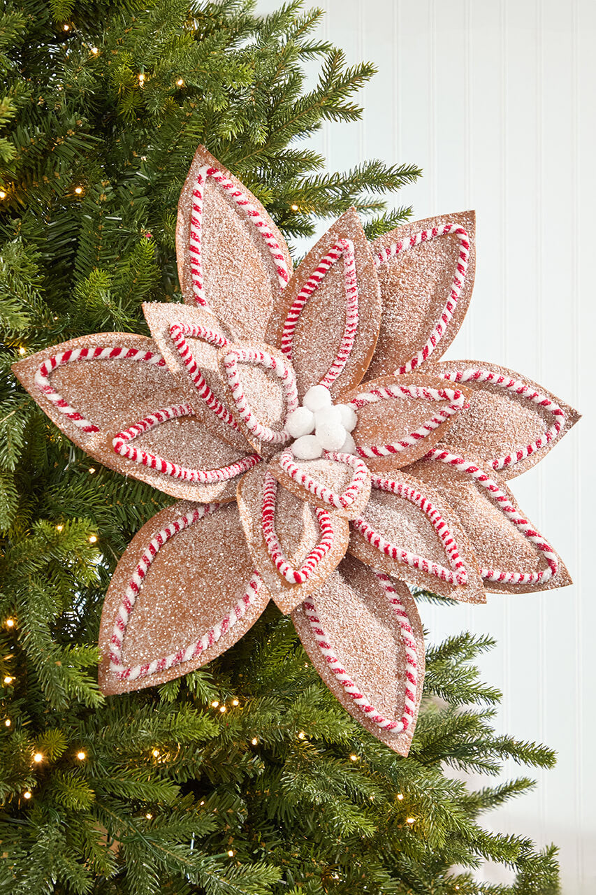 30-inch sugar and spice poinsettia stem with glittered petals and candy cane striped trim.