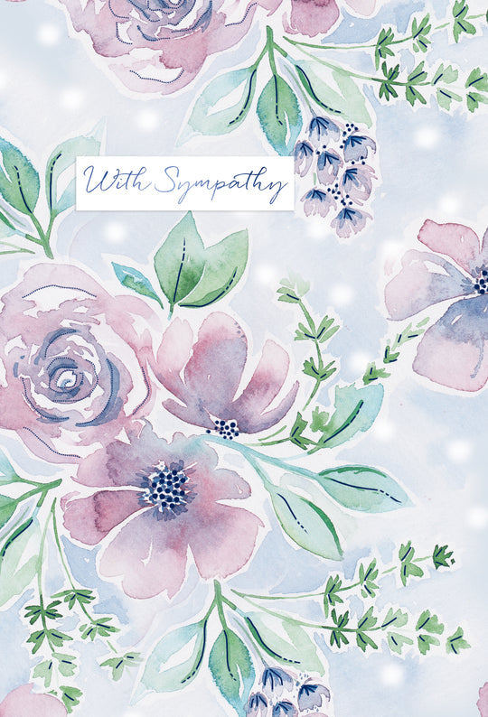 Watercolor sympathy card with pink and purple flowers and green leaves on a light blue background.