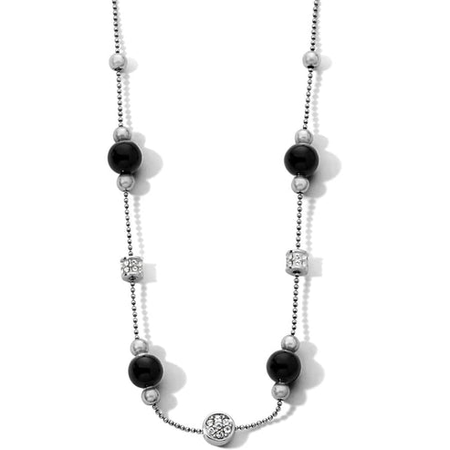 Silver-plated adjustable short necklace with black agate stones on a silver-black chain.