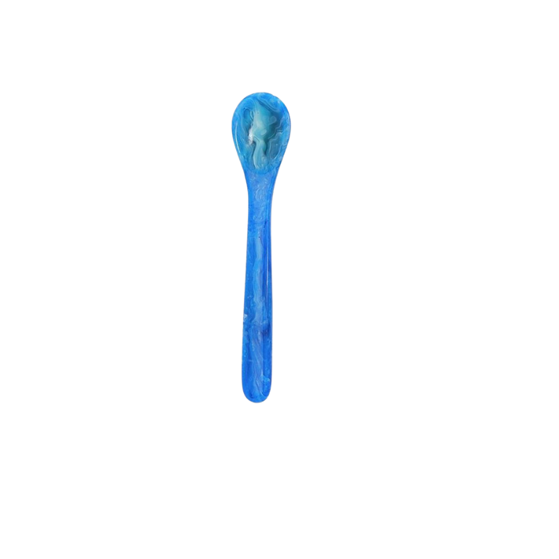 Small blue marbled resin spoon with a rounded bowl and slim handle.