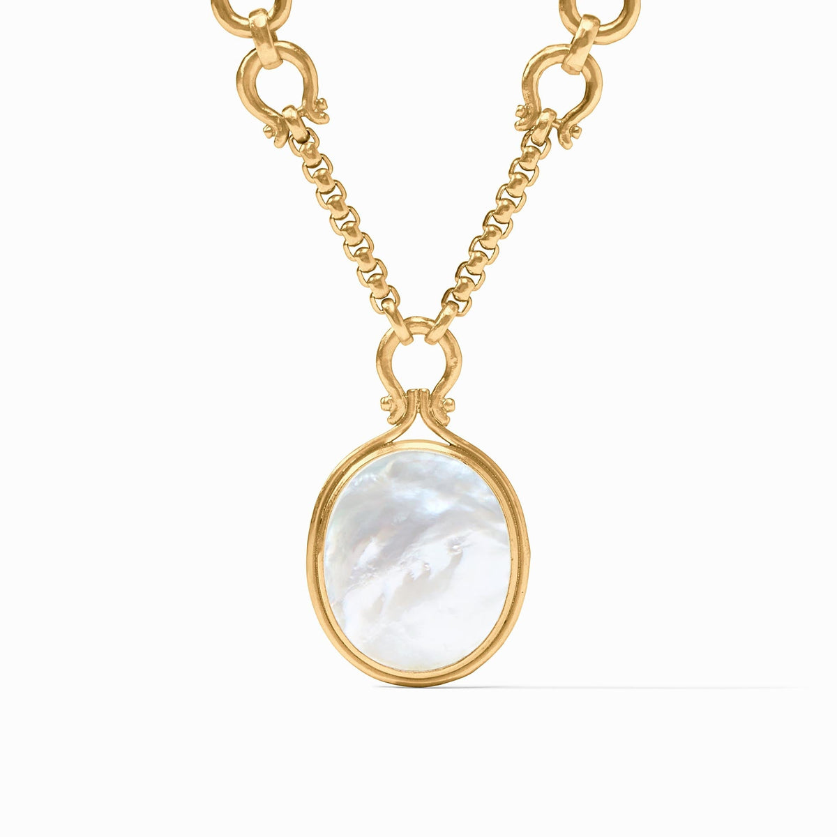 Saratoga Statement Necklace in 24K gold plate with an oval mother of pearl pendant.