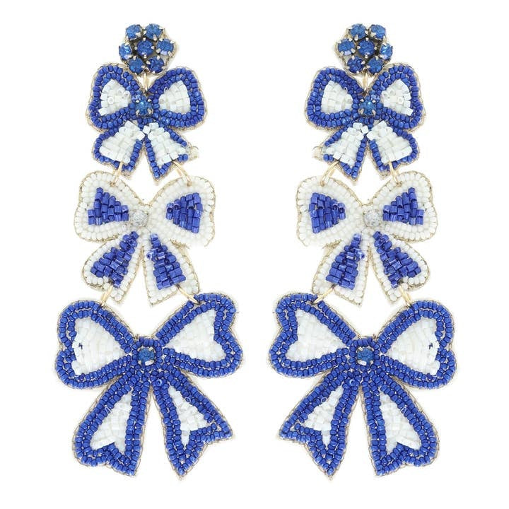 Blue striped bow ribbon beaded earrings with delicate beadwork