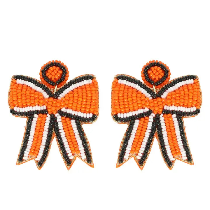 Orange striped bow ribbon beaded earrings with a fun game day style