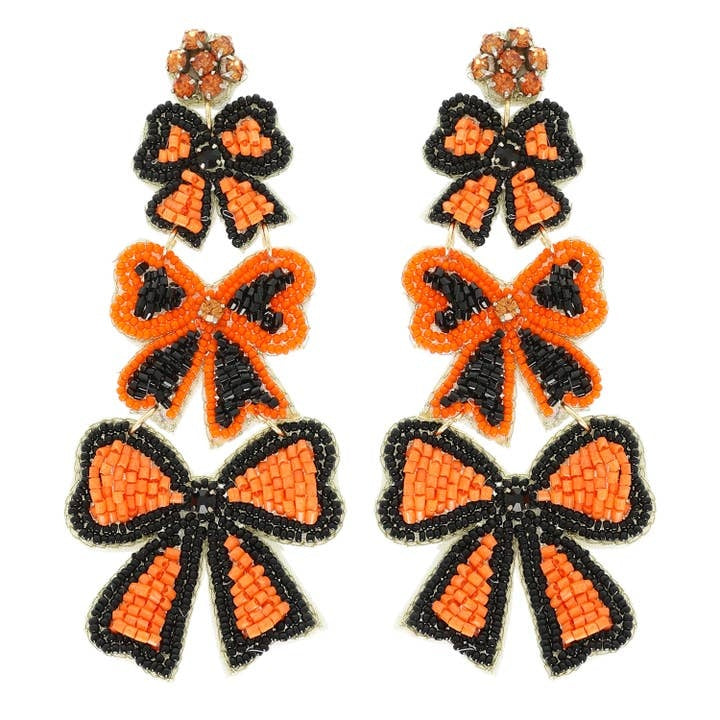 Game Day Striped Bow Ribbon Beaded Earrings Orange & Black