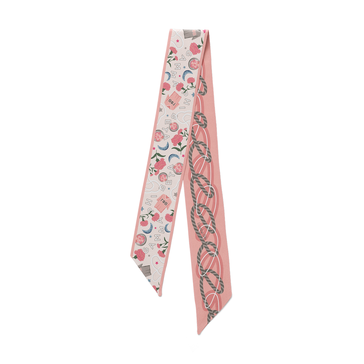 Skinny silk twill scarf in black with a subtle gamma phi beta Greek letter pattern.