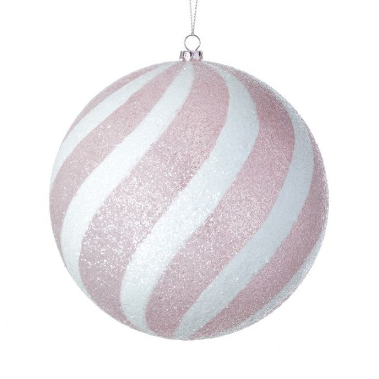 Round white ornament with colorful candy cane swirls