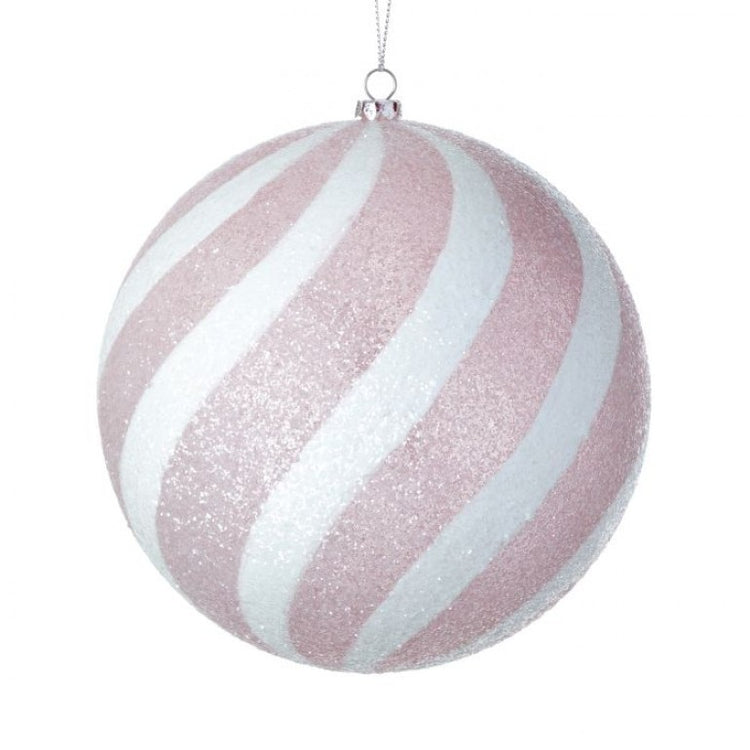 Round white ornament with colorful candy cane swirls