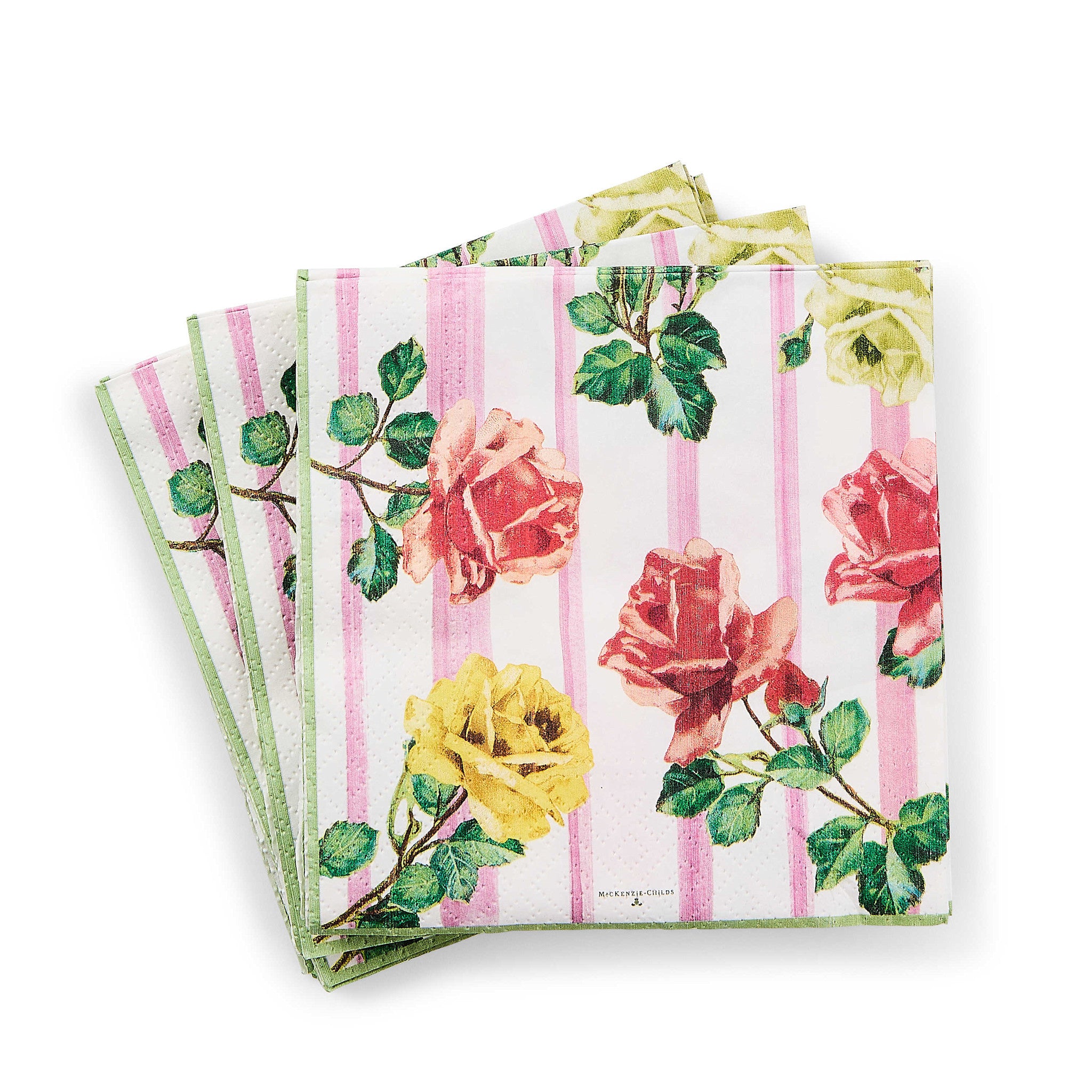 Folded triple-ply paper cocktail napkins with a garden floral pattern in green and white.