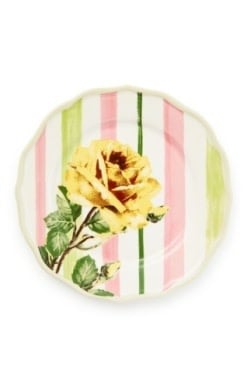 Handmade stoneware Garden Gala salad plate with an earthy green floral pattern and a round silhouette.