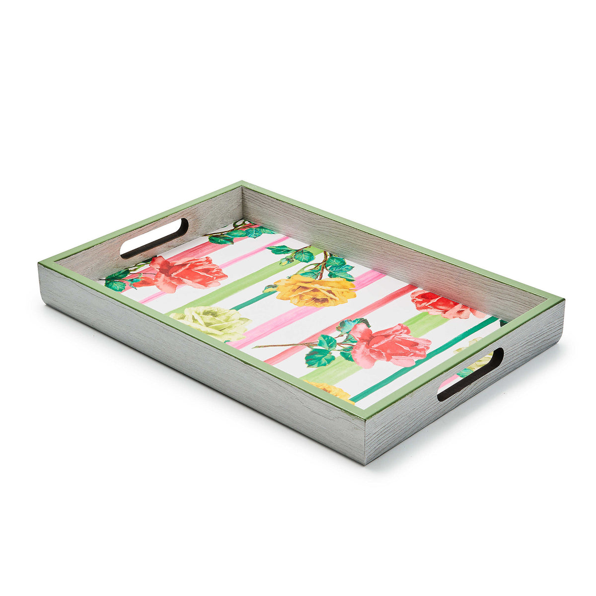 Wooden serving tray with hand-painted edge and botanical transfer pattern