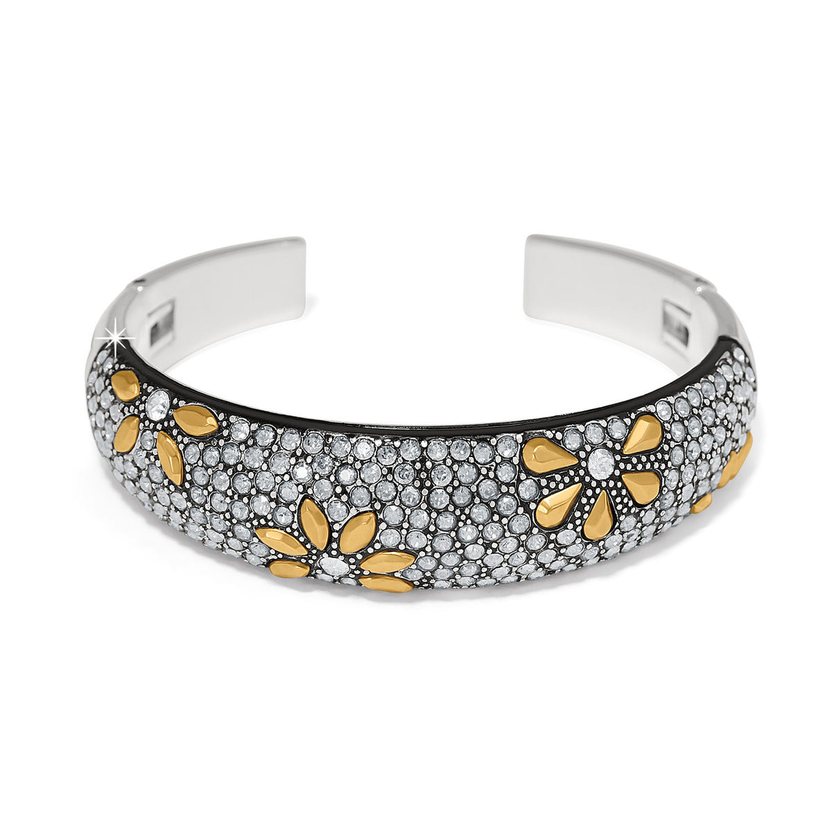 Silver-gold two-tone hinged bangle with fine quality crystals