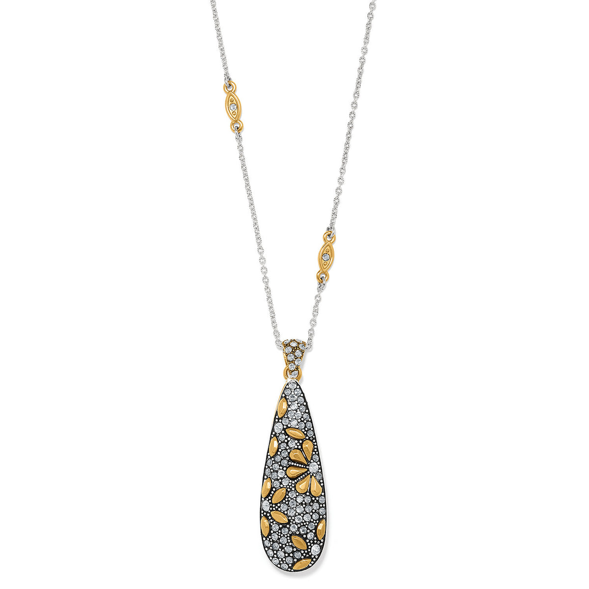 Silver-gold two-tone teardrop pendant necklace with hand-placed crystals on a silver chain.