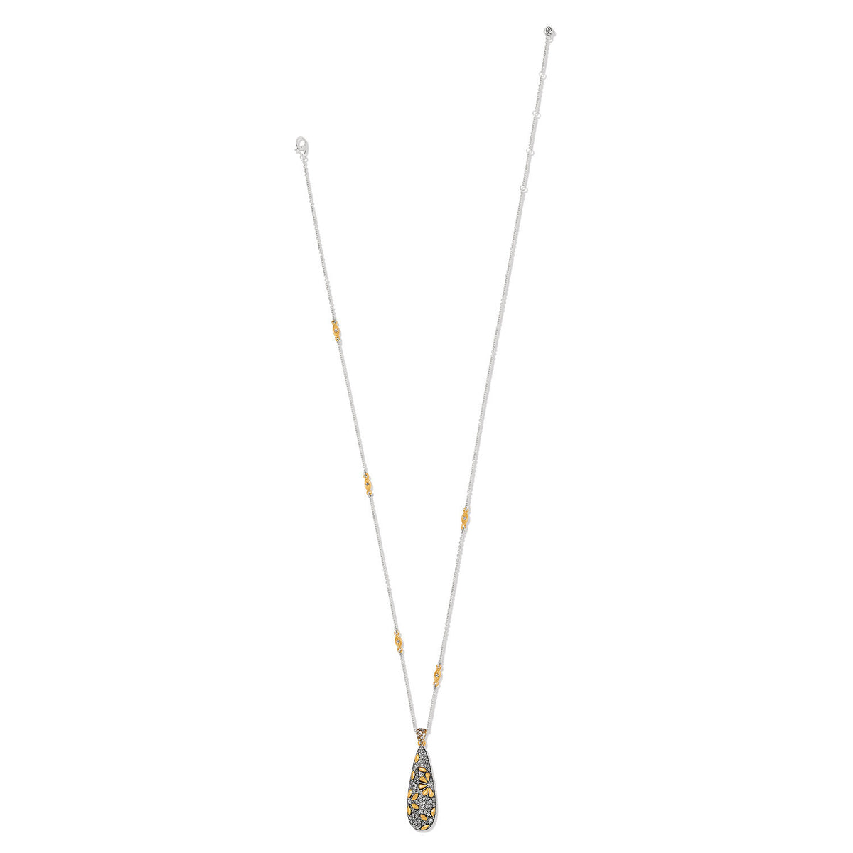 Silver-gold two-tone teardrop pendant necklace with hand-placed crystals on a silver chain.
