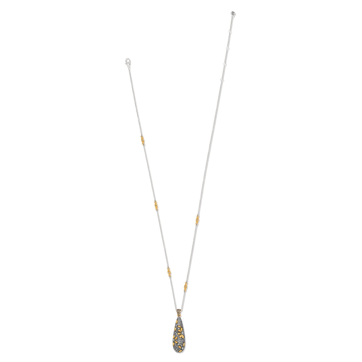 Silver-gold two-tone teardrop pendant necklace with hand-placed crystals on a silver chain.