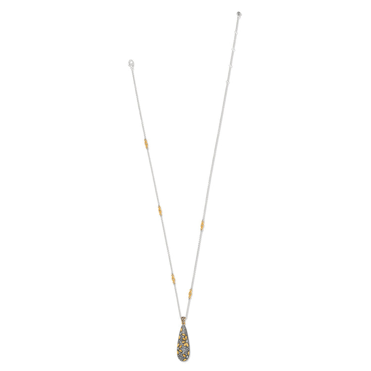 Silver-gold two-tone teardrop pendant necklace with hand-placed crystals on a silver chain.