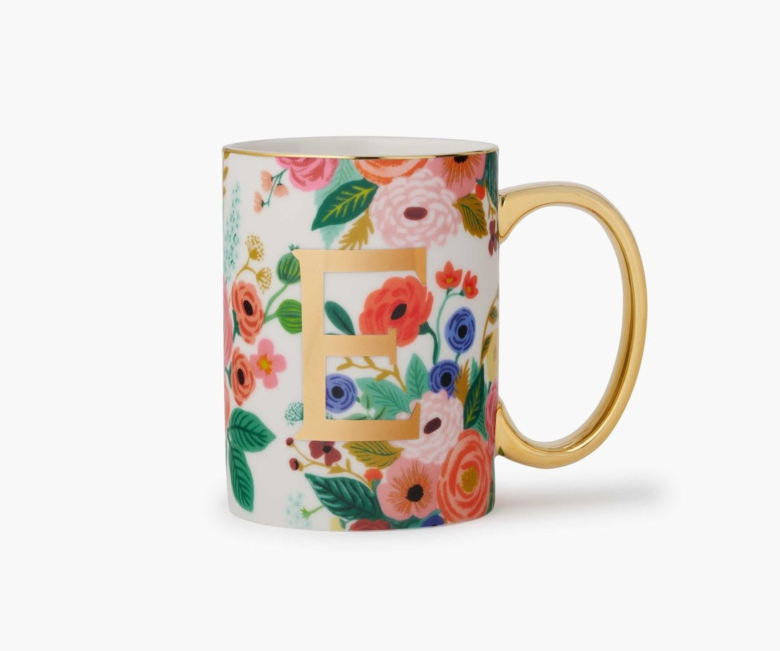 Porcelain mug with Garden Party floral illustration, gold foil monogram, gilded rim and handle.
